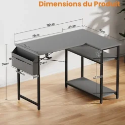 EcoFurnix Vinkelkontor Reversibel, 110 x 80 cm Lille Gaming L-skrivebord med Hylder til Opbevaring, Grå Computerbord Grå