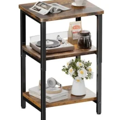 EcoFurnix Vintage Side Table - 37x30x65 cm - Stål - Åben opbevaringsrum, Brun brun