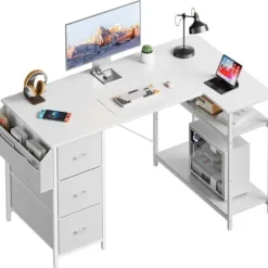 EcoFurnix 120x78cm Spilbord, L-formet skrivebord med 3 skuffer, Computerbord med opbevaringspose, Hvid Vit
