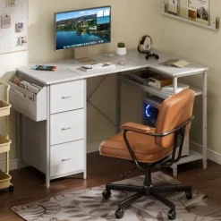 EcoFurnix 120x78cm Spilbord, L-formet skrivebord med 3 skuffer, Computerbord med opbevaringspose, Hvid Vit