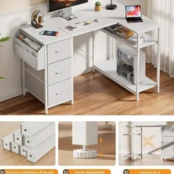 EcoFurnix 120x78cm Spilbord, L-formet skrivebord med 3 skuffer, Computerbord med opbevaringspose, Hvid Vit