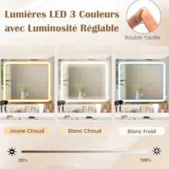 Ensemble Coiffeuse og Taburet COSTWAY, LED Spejl med 3 Farver, Laderenhed, Smykke Skab og 3 Skuffer, Ideel Gave Vit