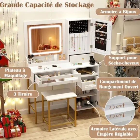 Ensemble Coiffeuse og Taburet COSTWAY, LED Spejl med 3 Farver, Laderenhed, Smykke Skab og 3 Skuffer, Ideel Gave Vit