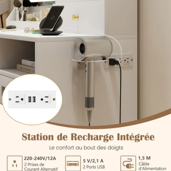 Ensemble Coiffeuse og Taburet COSTWAY, LED Spejl med 3 Farver, Laderenhed, Smykke Skab og 3 Skuffer, Ideel Gave Vit
