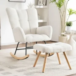 Ergonomisk gyngestol i hvid | Inkluderer fodskammel 49x38x38cm | Robust ramme af gummitræ, bæreevne op til 113 kg White