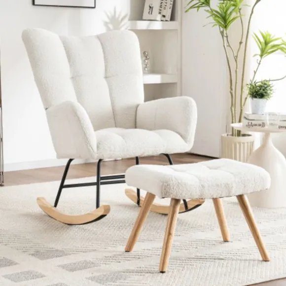 Ergonomisk gyngestol i hvid | Inkluderer fodskammel 49x38x38cm | Robust ramme af gummitræ, bæreevne op til 113 kg White
