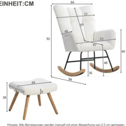 Ergonomisk gyngestol i hvid | Inkluderer fodskammel 49x38x38cm | Robust ramme af gummitræ, bæreevne op til 113 kg White