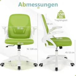 Ergonomisk kontorstol, grøn, opklappelige armlæn, lændestøtte