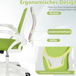 Ergonomisk kontorstol, grøn, opklappelige armlæn, lændestøtte