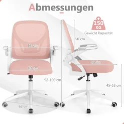 Ergonomisk kontorstol, lyserød, foldbare armlæn, lændestøtte