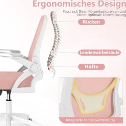 Ergonomisk kontorstol, lyserød, foldbare armlæn, lændestøtte