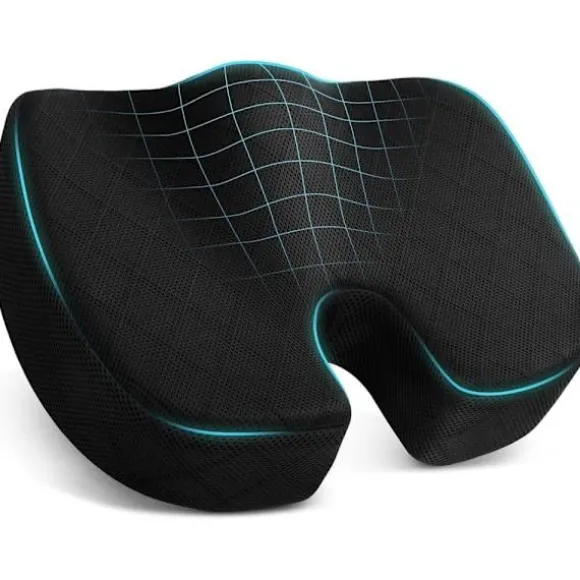 Ergonomisk Siddepude i Memory Foam – langsomt genfjedrende, skridsikker pude til kontor, bil og stol, lindrer iskias, haleben og rygsmerter black