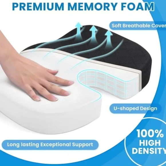 Ergonomisk Siddepude i Memory Foam – langsomt genfjedrende, skridsikker pude til kontor, bil og stol, lindrer iskias, haleben og rygsmerter black