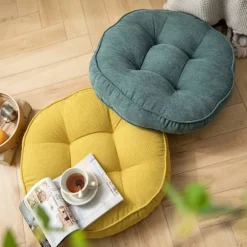 Fløjlsrund stolpude stor solid puf tuftet tyk meditations pude tatami gulv stolpude, 22x22 tommer, mørkegrøn