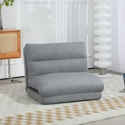 Foldbar gulvstol, med 6-trins justerbart ryglæn, tyk sædepolstring, sengefunktion, hørlook, 70 x 41 x 56 cm, grå