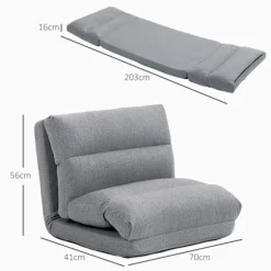 Foldbar gulvstol, med 6-trins justerbart ryglæn, tyk sædepolstring, sengefunktion, hørlook, 70 x 41 x 56 cm, grå