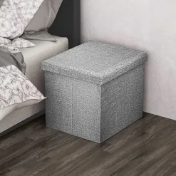 Foldbar Ottoman 30x30x30 cm i Alaska Grå - Dekorativ Opbevaringsboks i Linned-look Stof for at Spare Plads - Skammel Bænk Sæde