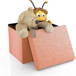 Foldbar puf 30x30x30 cm i mandarinorange Dekorativ opbevaringsboks i linned-look stof for at spare plads Skammel med opbevaring
