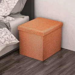 Foldbar puf 30x30x30 cm i mandarinorange Dekorativ opbevaringsboks i linned-look stof for at spare plads Skammel med opbevaring