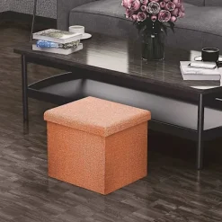 Foldbar puf 30x30x30 cm i mandarinorange Dekorativ opbevaringsboks i linned-look stof for at spare plads Skammel med opbevaring
