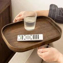 Foldbar sofaarmsbakke i træ, robust sofaarmsstøttebakke, robust sofaarmsstøttebord til at spise, drikke, snacks, fjernbetjening