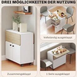 Foldebord med opbevaring, 2 dropblade, 4 hjul, hvid/natur