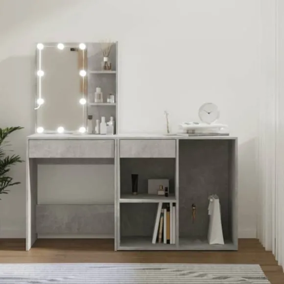 Frisør - Eksklusivt hus - Beton grå - LED USB varm/kold - Ingeniørtræ, stor opbevaring Betonggrå