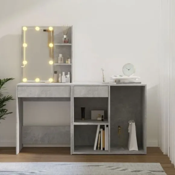 Frisør - Eksklusivt hus - Beton grå - LED USB varm/kold - Ingeniørtræ, stor opbevaring Betonggrå