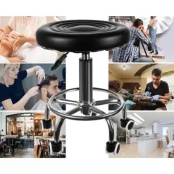 Frisørskammel med fodstøtte, højdejusterbar 43-54 cm, PU-læder Black