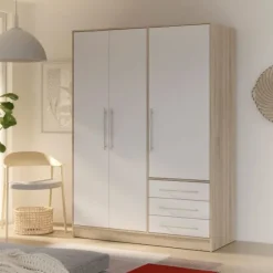 Garderobe - Eg og hvid spånplade - Moderne - Soveværelse - L 144,6 cm Dekor i vit och naturlig ek