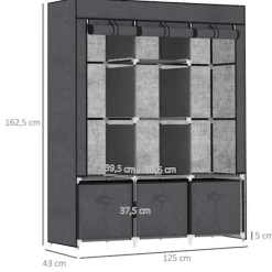 Garderobe Foldbart Stofskab, Foldeskab Med Lynlås, Non-Woven Stof, Mørkegrå, 125X43X162,5Cm