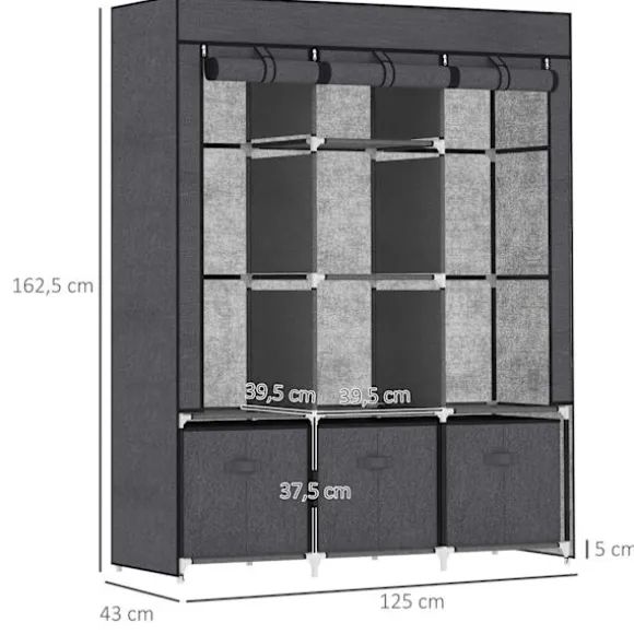Garderobe Foldbart Stofskab, Foldeskab Med Lynlås, Non-Woven Stof, Mørkegrå, 125X43X162,5Cm