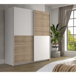 Garderobe med 2 skydelåger - Spånplade - Eg og hvid indretning - L 170,3 x D 61,2 x H 190,5 cm - ULOS Ek och vit dekor