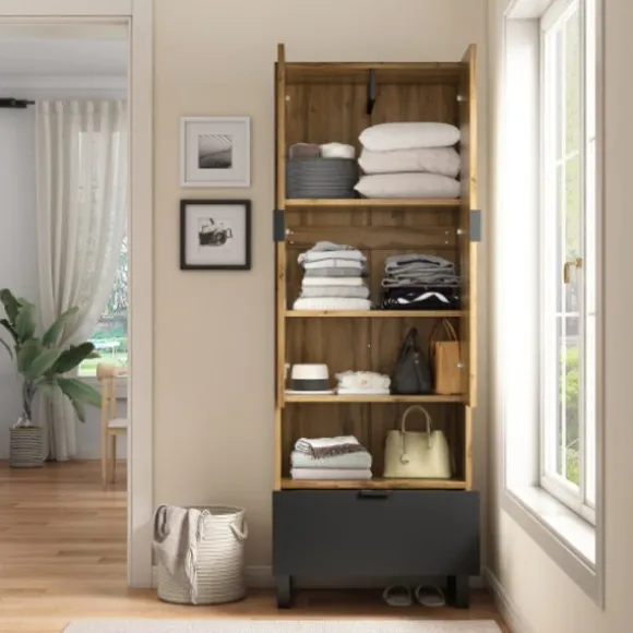 Garderobe med skuffe, tøjstang & justerbare hylder, fleksibel opbevaring Natural