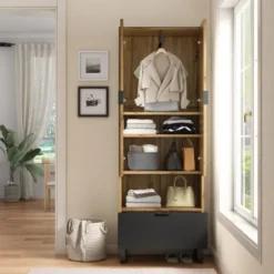 Garderobe med skuffe, tøjstang & justerbare hylder, fleksibel opbevaring Natural