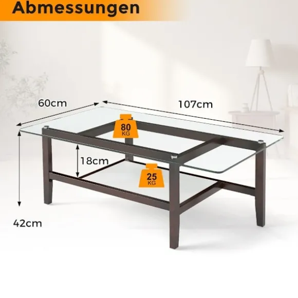 Glas sofabord 2 etagers sidebord med opbevaringsplads 107 cm langt rektangulært sofabord