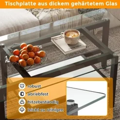 Glas sofabord 2 etagers sidebord med opbevaringsplads 107 cm langt rektangulært sofabord