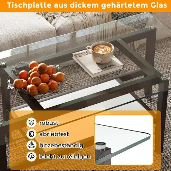 Glas sofabord 2 etagers sidebord med opbevaringsplads 107 cm langt rektangulært sofabord