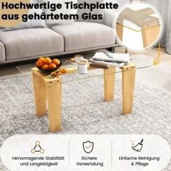 Glas sofabord med ben af ​​gummitræ Rektangulært sidebord Glasbord Sofabord