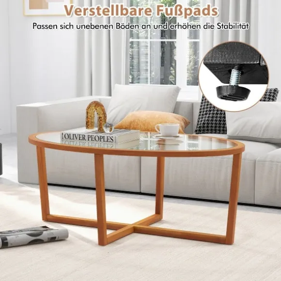 Glas sofabord med krydsbund og ben lavet af akacietræ Moderne glasbord sidebord