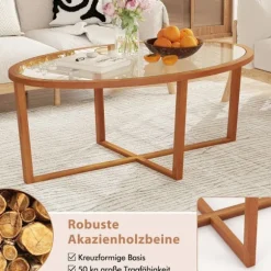 Glas sofabord med krydsbund og ben lavet af akacietræ Moderne glasbord sidebord