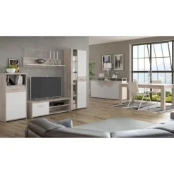 GULADA TV skabssæt - 170 cm skænk - 160 cm spisebord - Moderne - Hvid og eg indretning Matt vit och dekoration ek askgrön