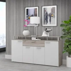 GULADA TV skabssæt - 170 cm skænk - 160 cm spisebord - Moderne - Hvid og eg indretning Matt vit och dekoration ek askgrön