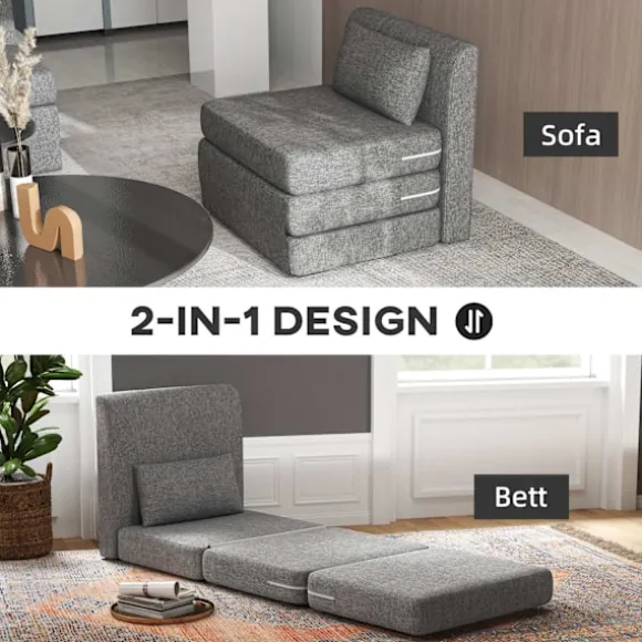 Gulvstol 2-i-1 sammenfoldelig sovesofa med hørlook, polstret gulvstol kan holde op til 240 kg til stue, soveværelse, grå