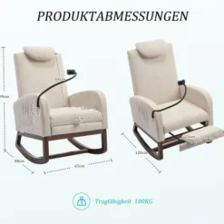 Gyngestol med udtrækkelig fodstøtte, højt ryglæn, nakkestøtte og sidelommer; robust træramme Beige