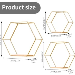 Hexagonale metalvægshylder sæt med 3, dekorative hængende hylder, loftsvægshylder, hylder til vægdekoration gold