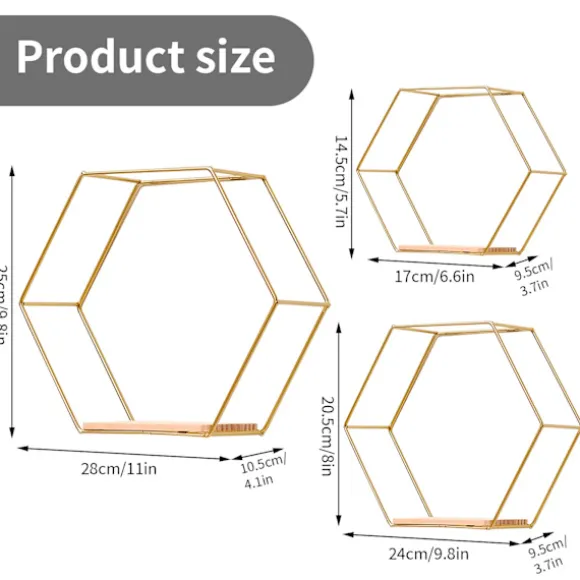 Hexagonale metalvægshylder sæt med 3, dekorative hængende hylder, loftsvægshylder, hylder til vægdekoration gold
