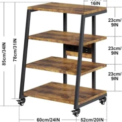 HIFI-møbel med 4 hylder, LED og hjul i træ. Audio/Vidéo-møbel, multimediehylde, rack med 3 stik og USB, max. 140KG. trä färg