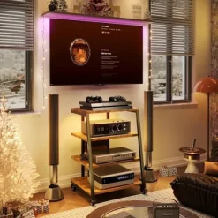 HIFI-møbel med 4 hylder, LED og hjul i træ. Audio/Vidéo-møbel, multimediehylde, rack med 3 stik og USB, max. 140KG. trä färg
