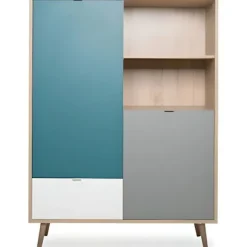 Høj skænk - Sonoma eg, hvid, grå og blå - Skandinavisk stil - CUBA - L 103 x D 40 x H 139 cm Sonoma Ek/Vit/Grå/Blå
